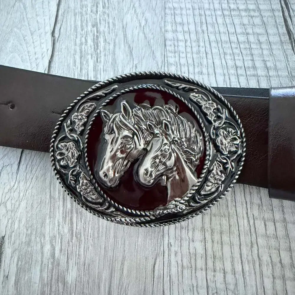 Western Dark Brown Leather Belt With Ornate Oval Double Horse Head Buckle